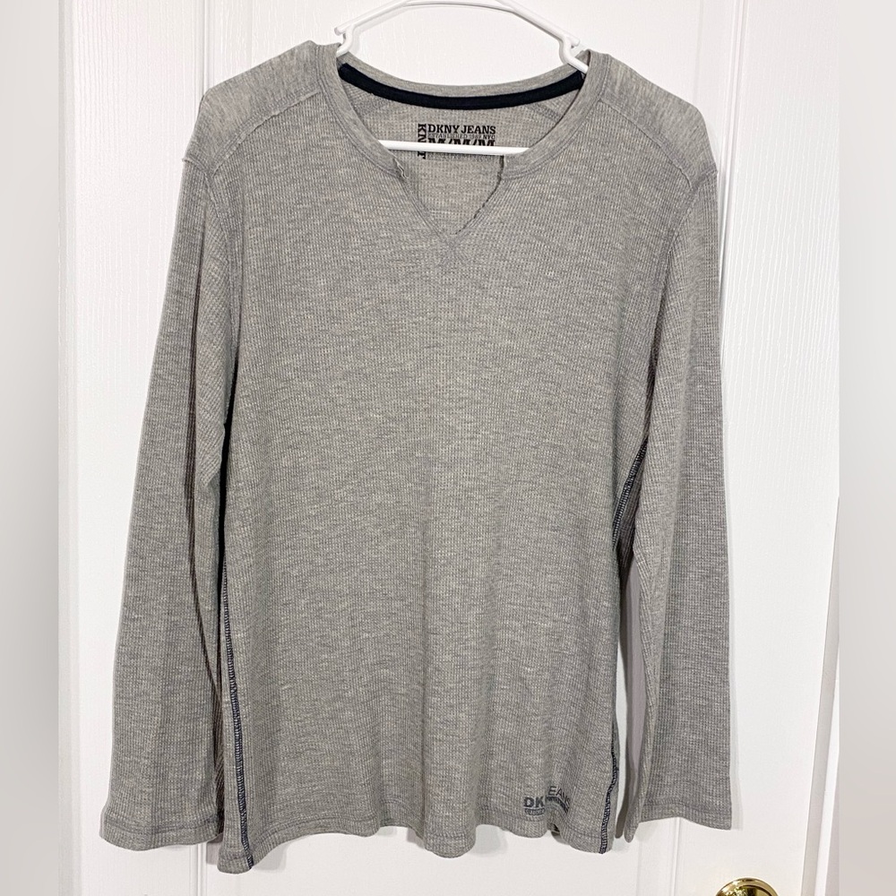 Y2K DKNY Notch Neck Thermal Waffle Knit Tee Gray Men’s Medium